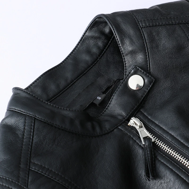 

European Style PU Leather Jacket O Neck Women New Fashion Motorcycle Leather Outwear Slim Biker Black Coat Basic Streetwear