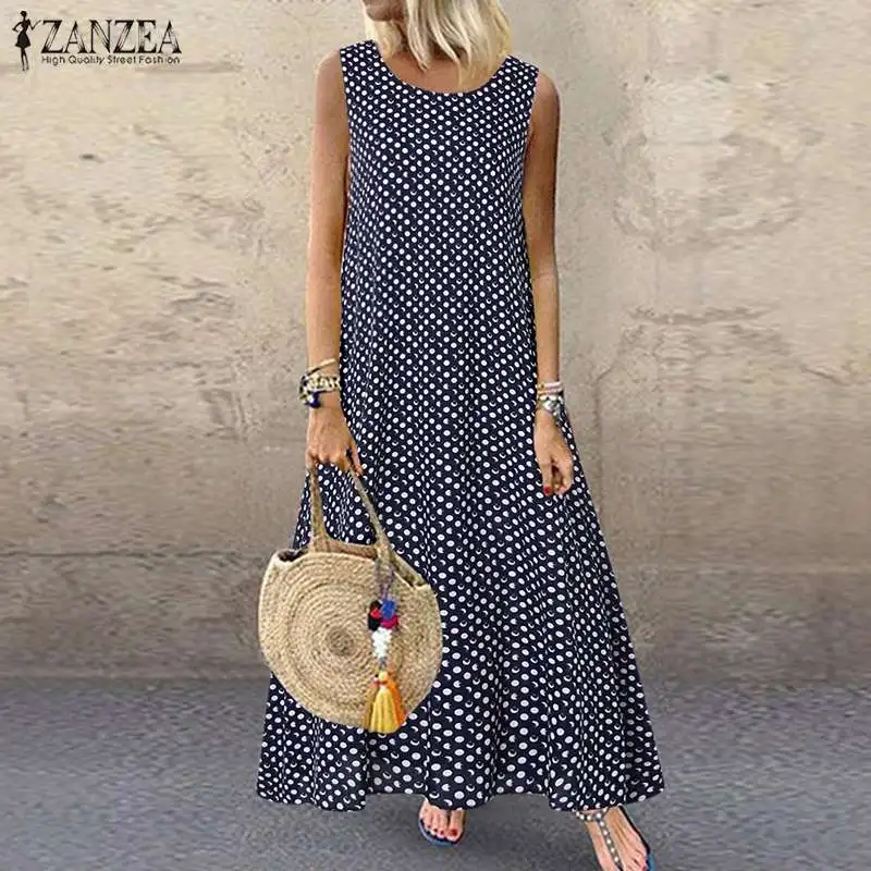Bohemian Polka Dot Maxi Dress Women's Sundress 2019 ZANZEA Casual Sleeveless Tank Vestidos Female O Neck Party Robe | Женская одежда