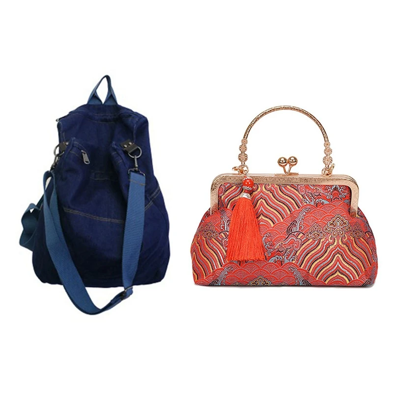 

2 Pcs Retro Wind Cloth Bag Temperament Elegant Tassel Cheongsam Bag, Red & Navy Blue