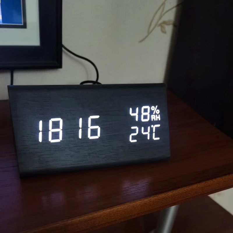 

Wooden Alarm Clock Table Voice Control Digital Clock Temperature Humidity Display Wood Despertador Desktop Clocks