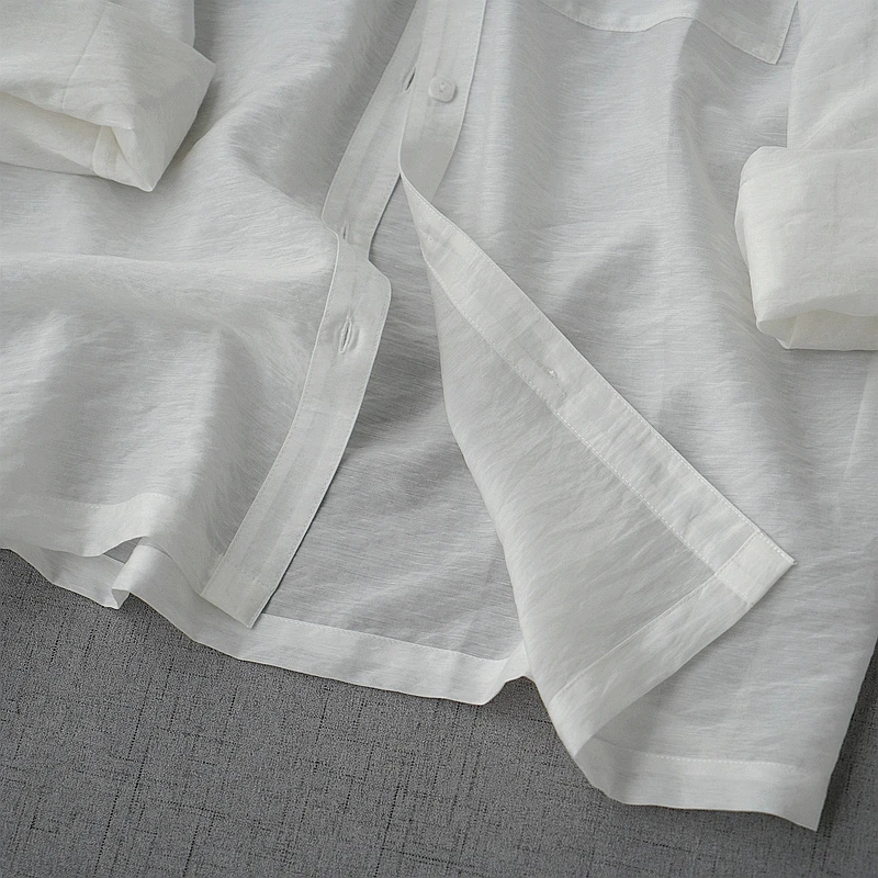 

Shuchan 75% Tencel+15% Linen Long Sleeve Blouse Turn-down Collar Pockets Thin 2021 Summer Woman Tops White Yellow