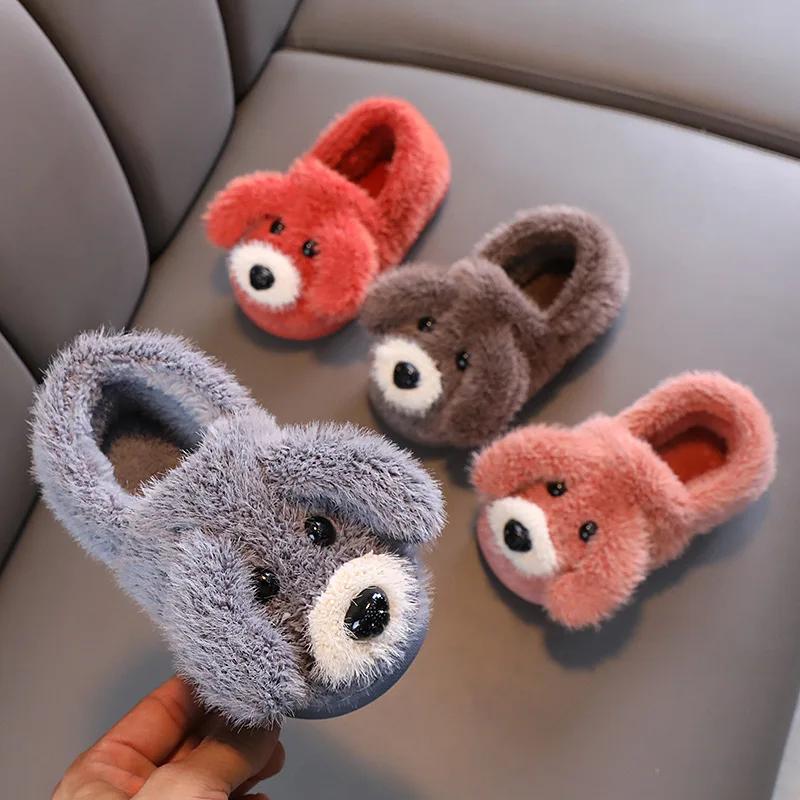 

2022 Little Kids Cotton-padded Shoes Dog Prints Solid Pink Shoes Unisex Lovely Indoor Flat Slippers Winter Warm Ankle Shoes Hot