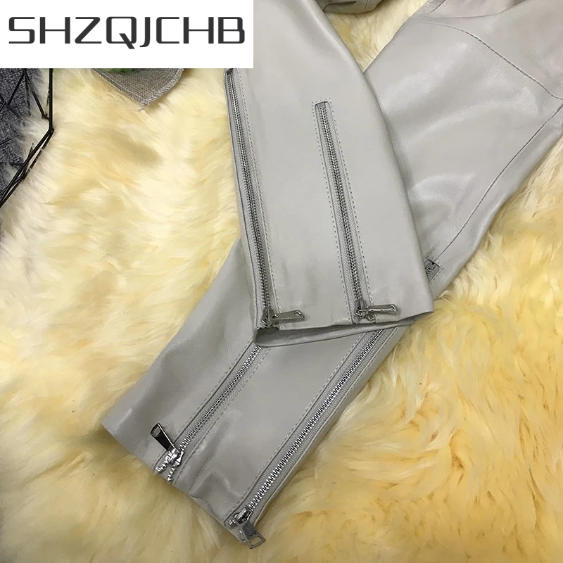 

JCHB 2021 Fashion Women Zipper Sheepskin Genuine Leather Long Pants Elastic Waist Casual Joggers Trousers Streetwear Female Hare