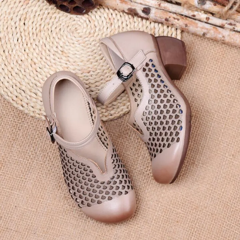2021 Summer Genuine Leather Comfortable Ladies Mid Heel Sandals Women Shoes Hollow Round Toe Square Heels Sandals Woman