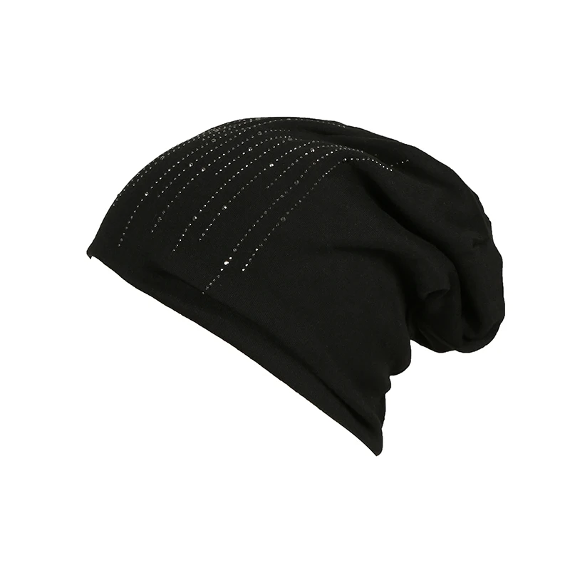 Стразы beanies turban головные уборы для женщин эластичные мягкие хлопковые шапки бини шапки Женская мода шапки сплошной цвет весна-осень шляпа - Цвет: black