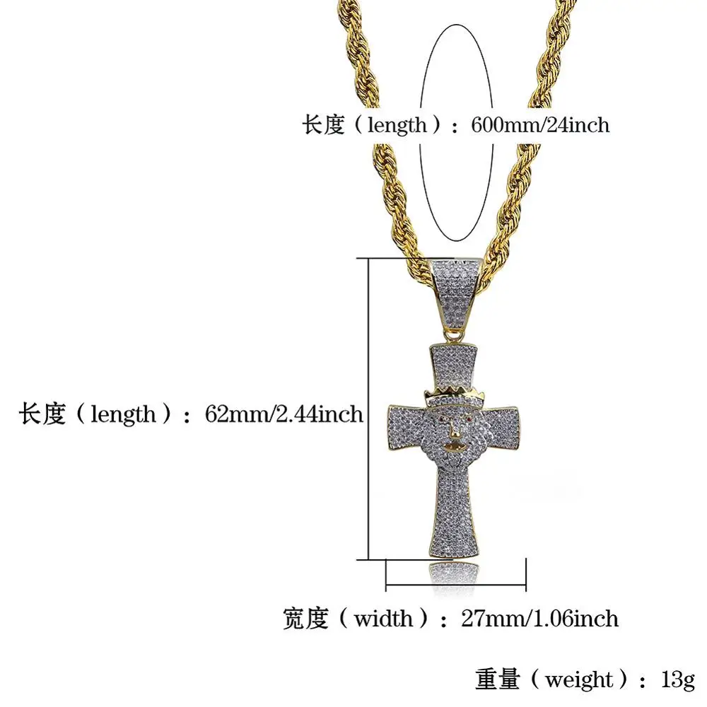 

Gold Color Hip Hop Lion Crown Cross Pendant Necklace Iced Out Cubic Zircon Pendant Long Chain Necklace For Man Women Rapper Gift
