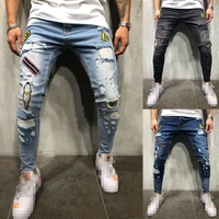 mens hip hop jeans fashion embroidery print skinny destroyed denim pencil pants men casual slim ripped jeans pantalones