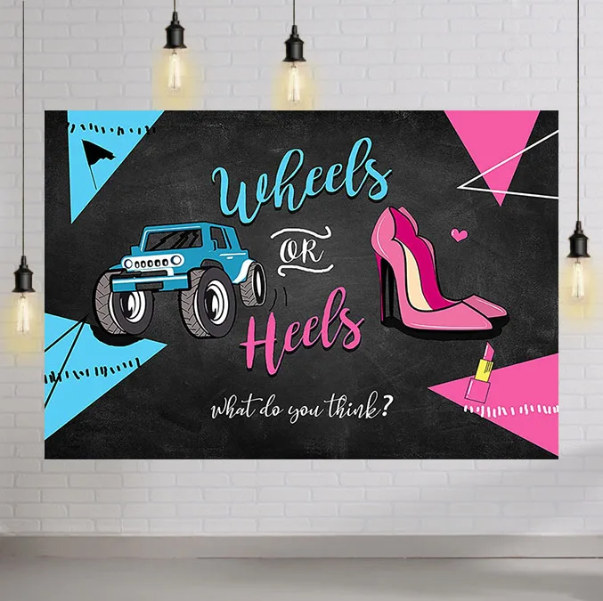 

Wheels or Heels Gender Reveal Backdrop Boy or Girl Gender Reveal Party Background Pink or Blue Wheels or Heels Baby Reveal Party