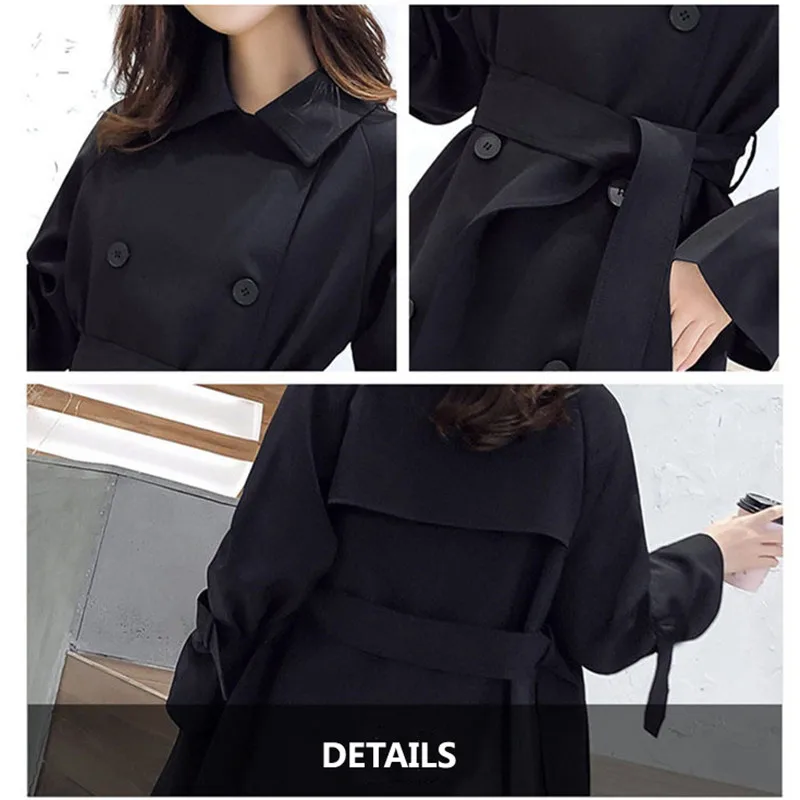 Женский Длинный Тренч с поясом Sungtin черный двубортный тренч для офиса