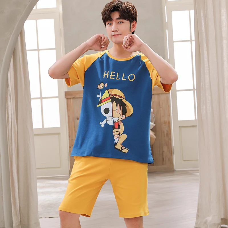 Летняя мужская Хлопковая пижама японская мультяшная аниме одежда для сна