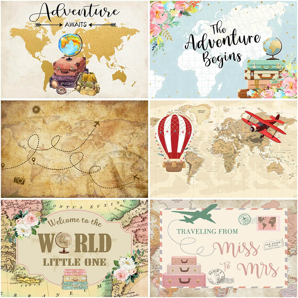 Adventure Travel Theme Birthday Party Backdrop Vintage World Map Flowers Decorations Baby Shower Cake Table Banner Background