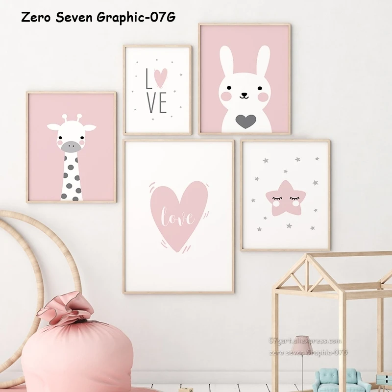 

Cute Simple Cartoon Pink Love Bunny Giraffe Stars Nordic Canvas Picture Print Wall Art Poster Decor For Nursery Baby Girls Room