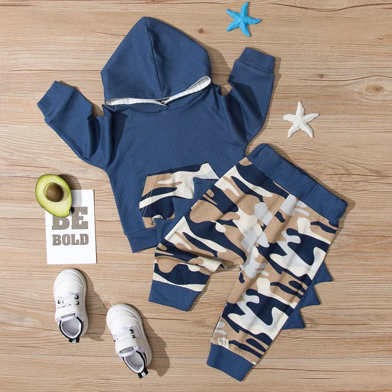 

2 Pieces Kids Suit Set, Spring Camouflage Print Hooded Tops with Pocket+ Trousers for Boys, 6-24 Months Boys Casual Set