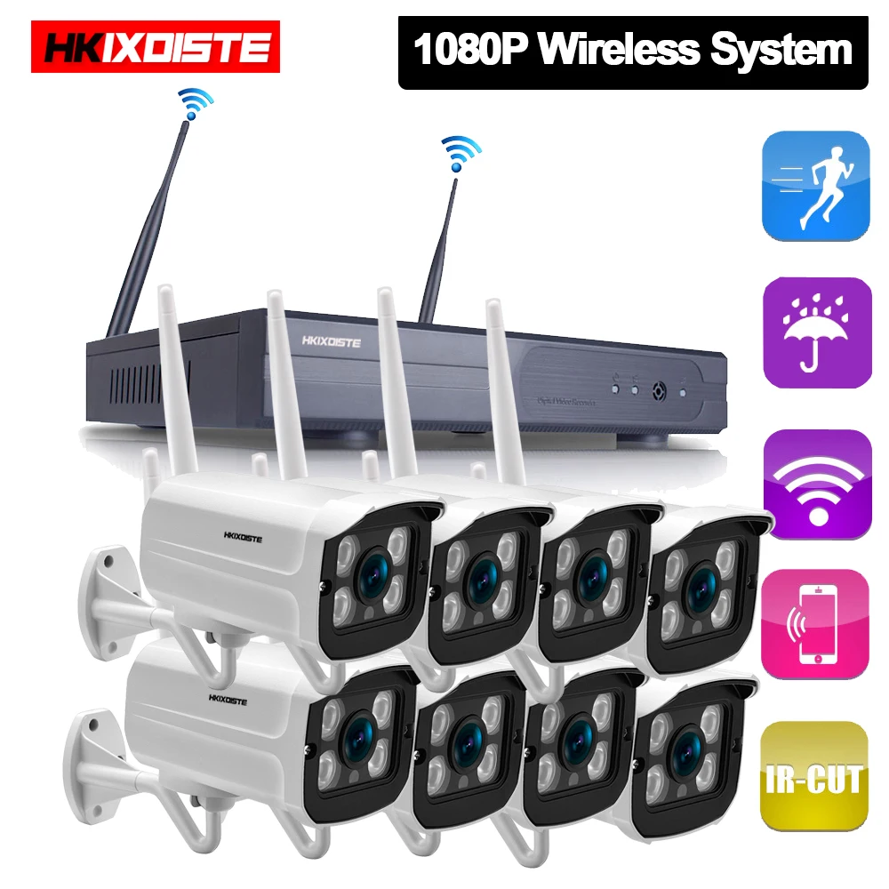 8CH CCTV система Беспроводной NVR 8 шт. 2.0MP ИК Открытый P2P wifi IP камера видеонаблюдения
