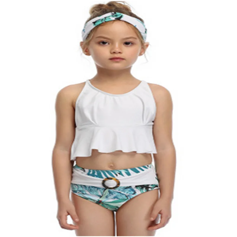 2021 Meihuida 2 Pieces Kids Swimsuits Solid Color U-Neck Sleeveless Tops+ Floral Print Swimming Trunks for Girls White Gilrs | Спорт и