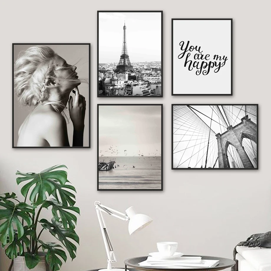 

Eiffel Tower Girl Sea Brooklyn Bridge Wall Art Canvas Painting Nordic Posters And Prints Wall Pictures For Living Room Decor