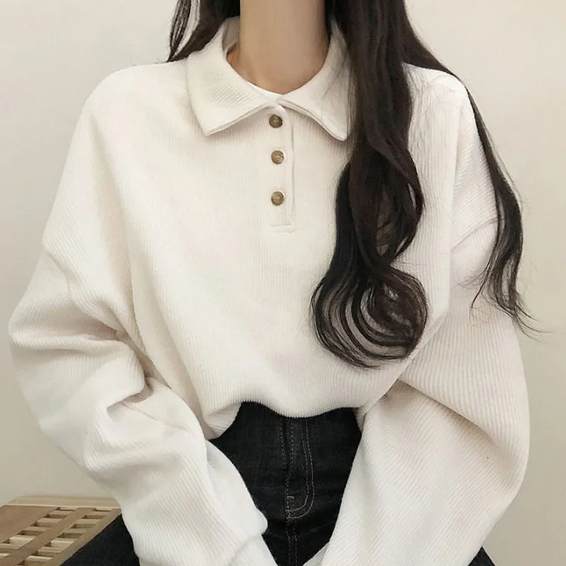 

Japan Korean Style Autumn Winter 2021 Turn-Down Collar Puff Sleeve Pullover for Woman Solid Preppy Casual Outfit Clothes Tops