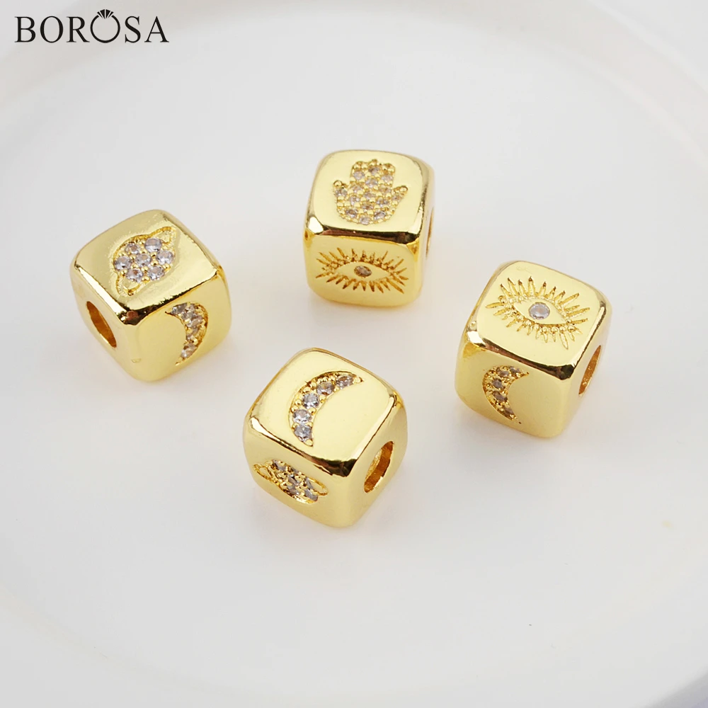 BOROSA Moon Pattern CZ Micro Pave Different Patterns Metal Beads for Jewelry Making Square Shape Gold Bracelets WX1338 | Украшения и