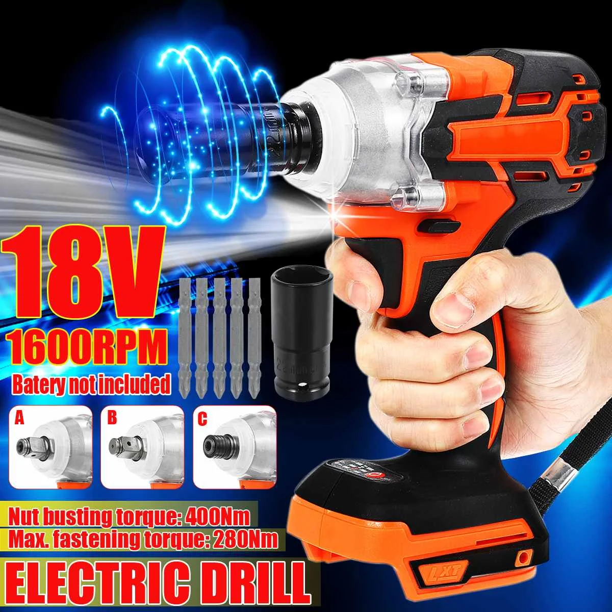 

400N.m Cordless Rechargeable Brushless Motorized Electric Wrench 1/2 Socket Handheld Tools 18V Electric Power Tool Impact Wrench