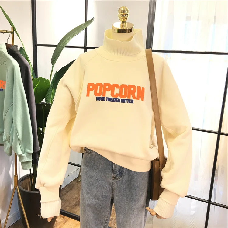 Korean Autumn New with Velvet Thick Hoodies Women High Collar Knit Spliced Loose Shirt Leisure Students Letter Sweatshirt Tops | Женская