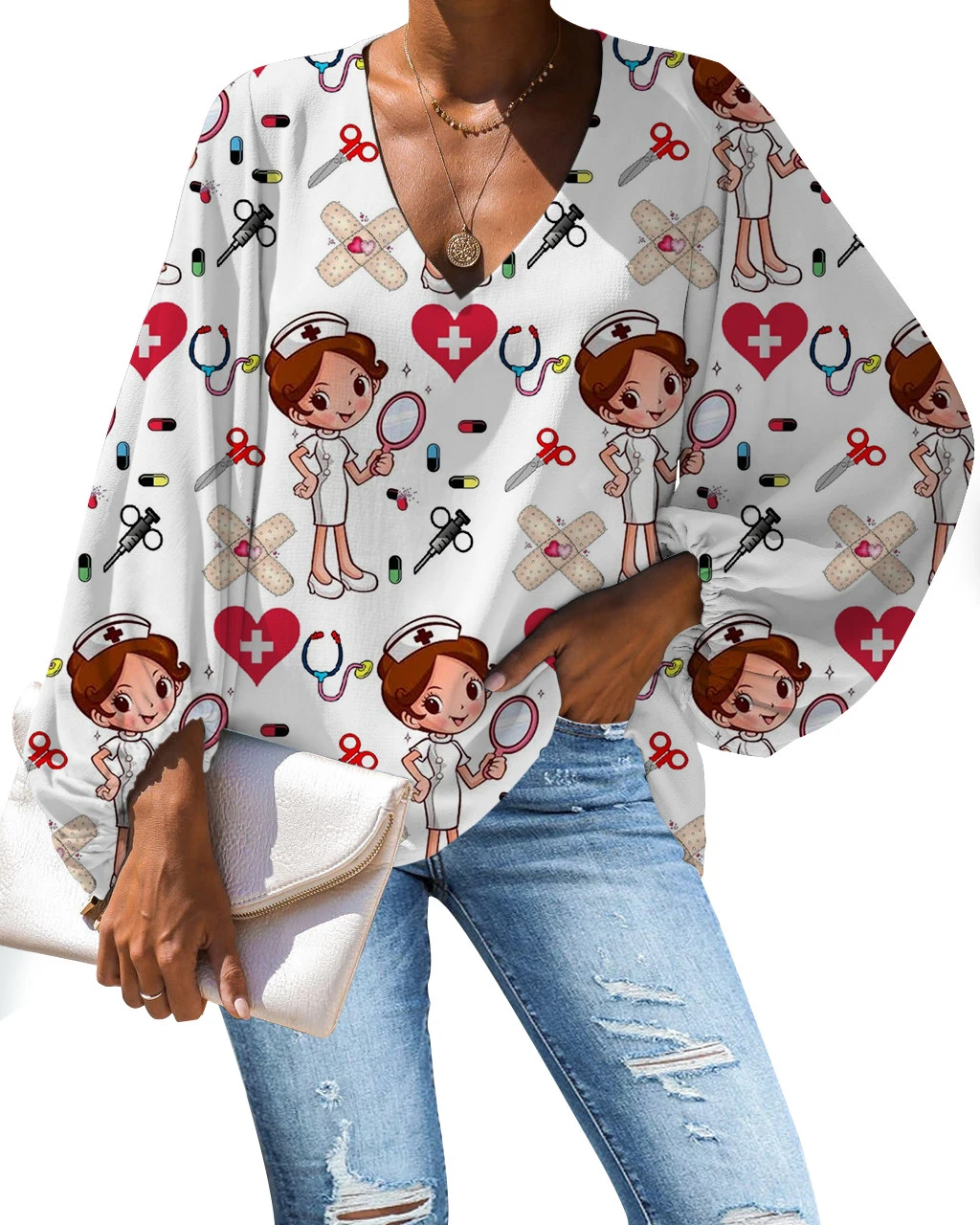 

Женская блузка с длинным рукавом и V-образным вырезом