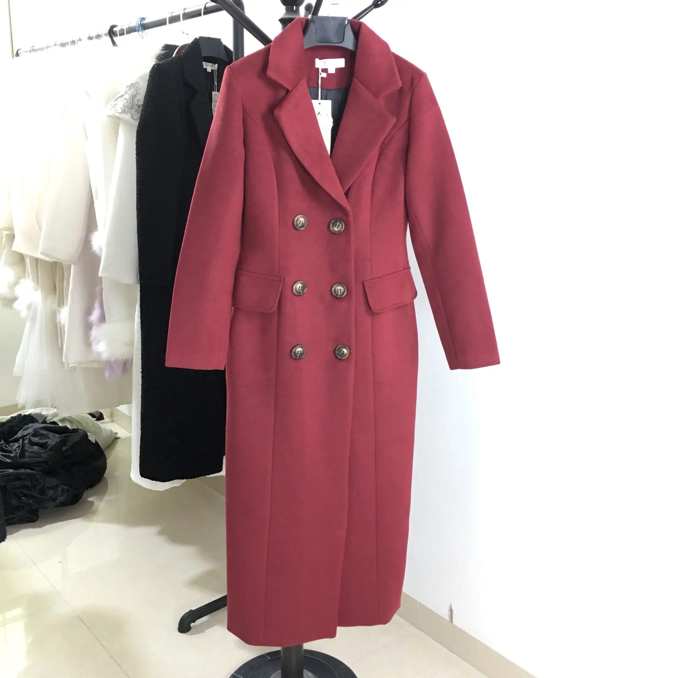 

Женское винтажное кашемировое пальто, длинное двубортное приталенное пальто из смешанной шерсти винного цвета, Осень-зима