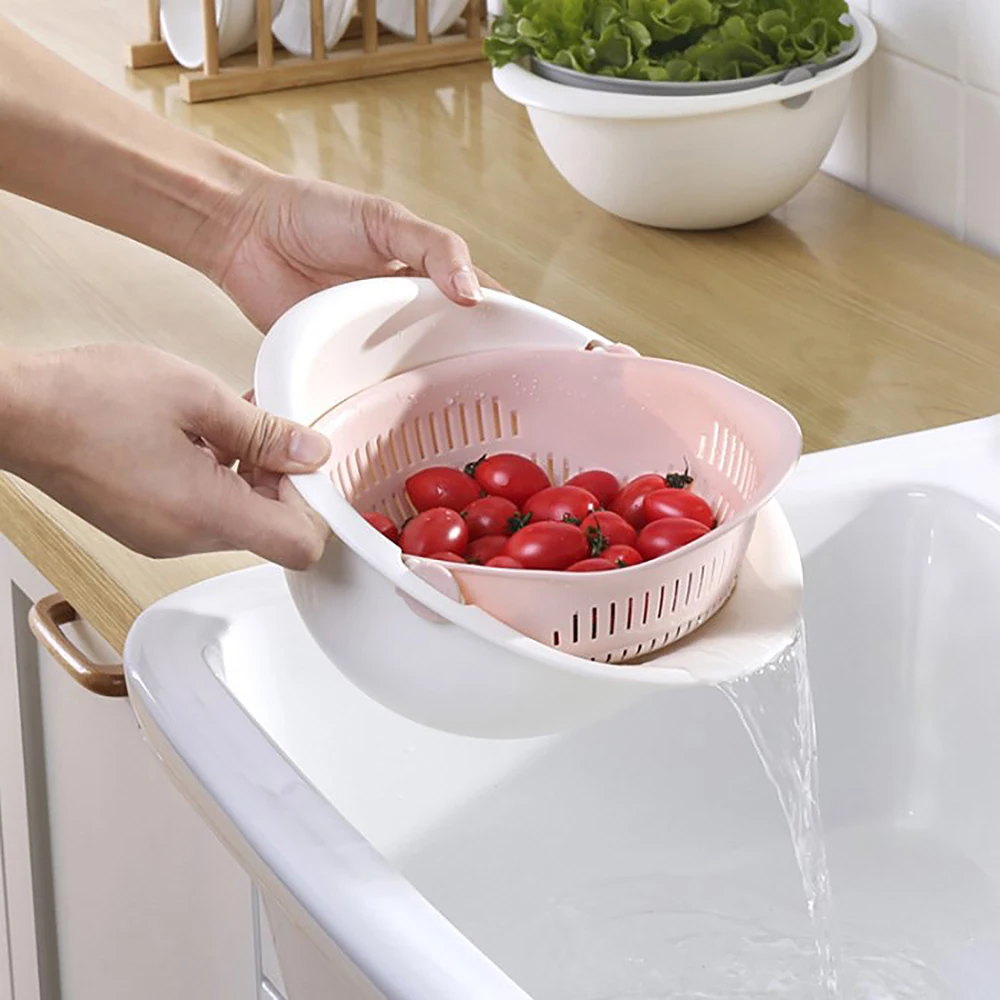 

Kitchen Drain Basket Bowl Rice Washing Colander Basket Strainer Noodles Vegetable Fruit Double Drain Storage Basket Kitchen Tool