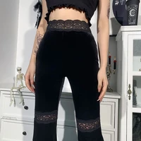 women goth pants mall goth high waist flared pants aesthetic sexy lace patchwork trousers elegant velvet christmas costume