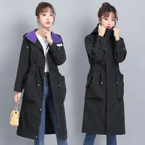 Корейские узкие ветровки женские 2021 сезон весна; Новинка; Длинный плащ пальто свободного покроя с капюшоном, верхняя одежда на осень размера плюс свободные пальто