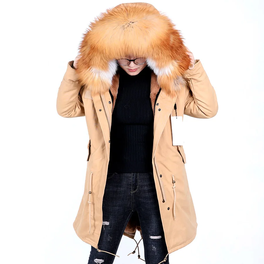 

Женское пальто LIBIELIY цвета хаки с большим капюшоном из натурального Лисьего меха, парки, верхняя одежда, Длинная зимняя куртка со съемной под...
