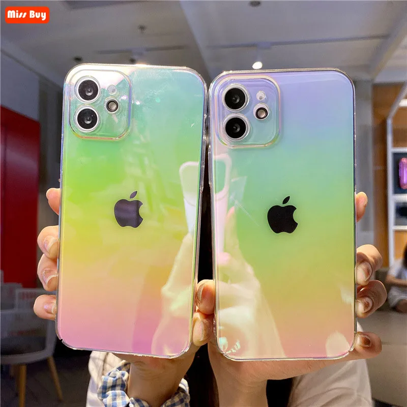 

Fashion Aurora Laser Gradient Transparent Clear Camera Protection Case For iPhone 13 12 11 Pro Max X XR XS 7 8 Plus Cover Slim
