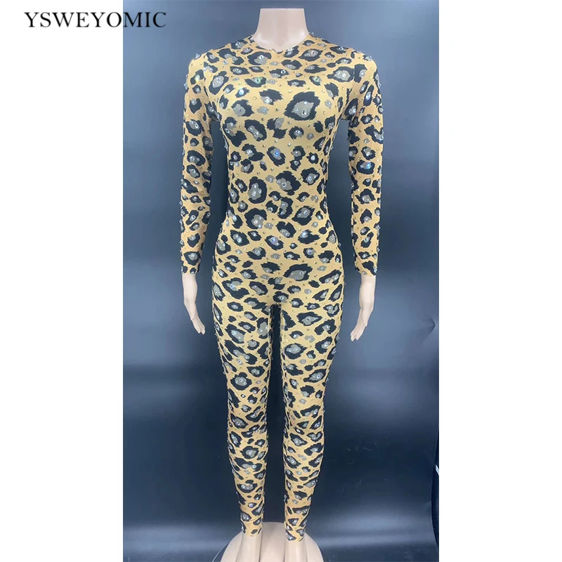 2021 Shining Rhinestones Leopard Stretch Party Birthday Rompers Nightclub Outfit Stage Performance Wear Dance Costume Jumpsuit
