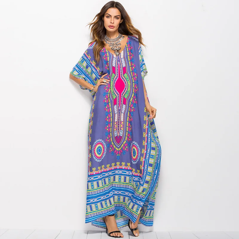 2021 Dubai Maxi Kaftan Women  Muslim Dress Print Vintage Female Beach Summer Robe Large Size Arabes Abaya Islamic Clothing