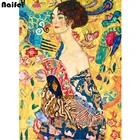 Густав Климт дама с вентилятором 5d Сделай Сам Алмазная вышивка крестиком на рисунке, камни в форме ромба круглый дрель Алмазная вышивка Наборы девушка Настенный декор