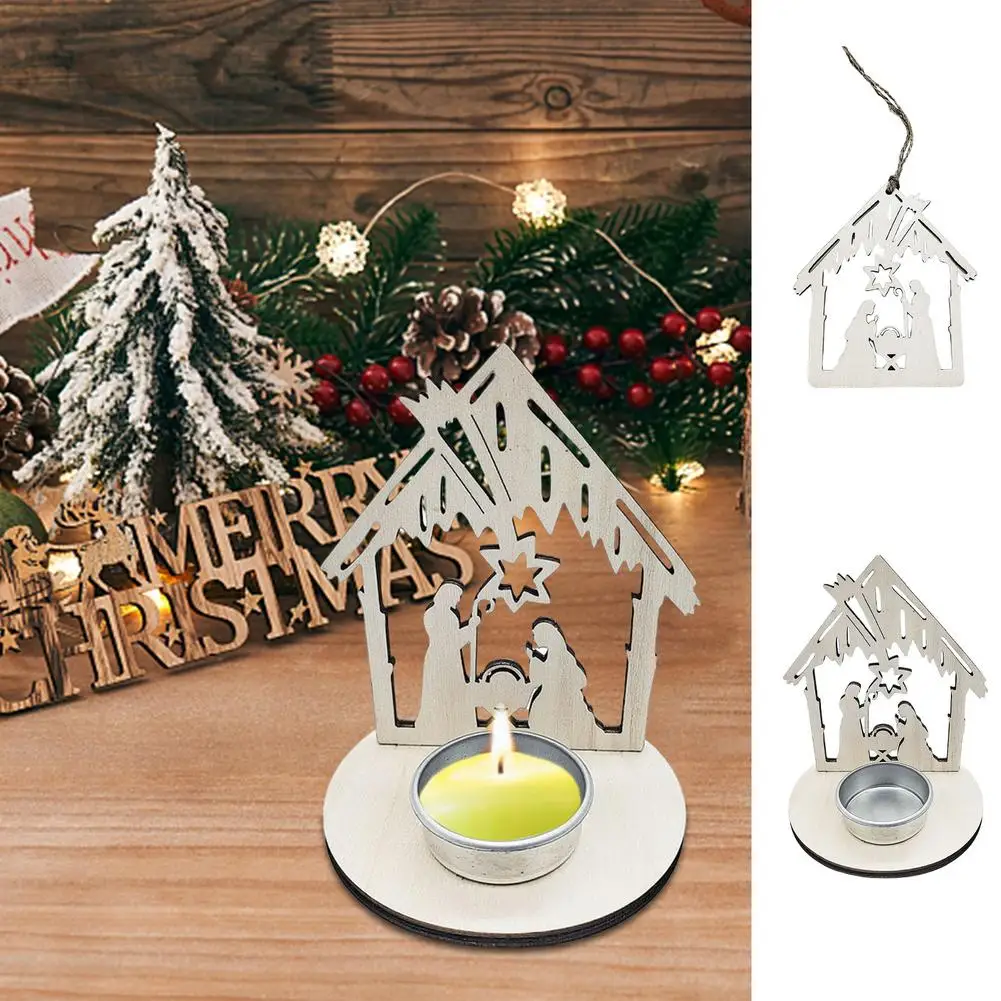 

Christmas Jesus Advent Pendant Innovative Wooden Candlestick House Shape Nativity Tree Ornaments for Holiday Festival Decoration