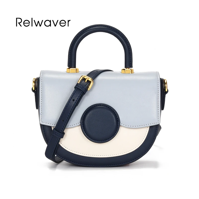 

Mini cowhide saddle bag constrast color chic crossbody bags for women blue women shoulder bag small party lady hand bag