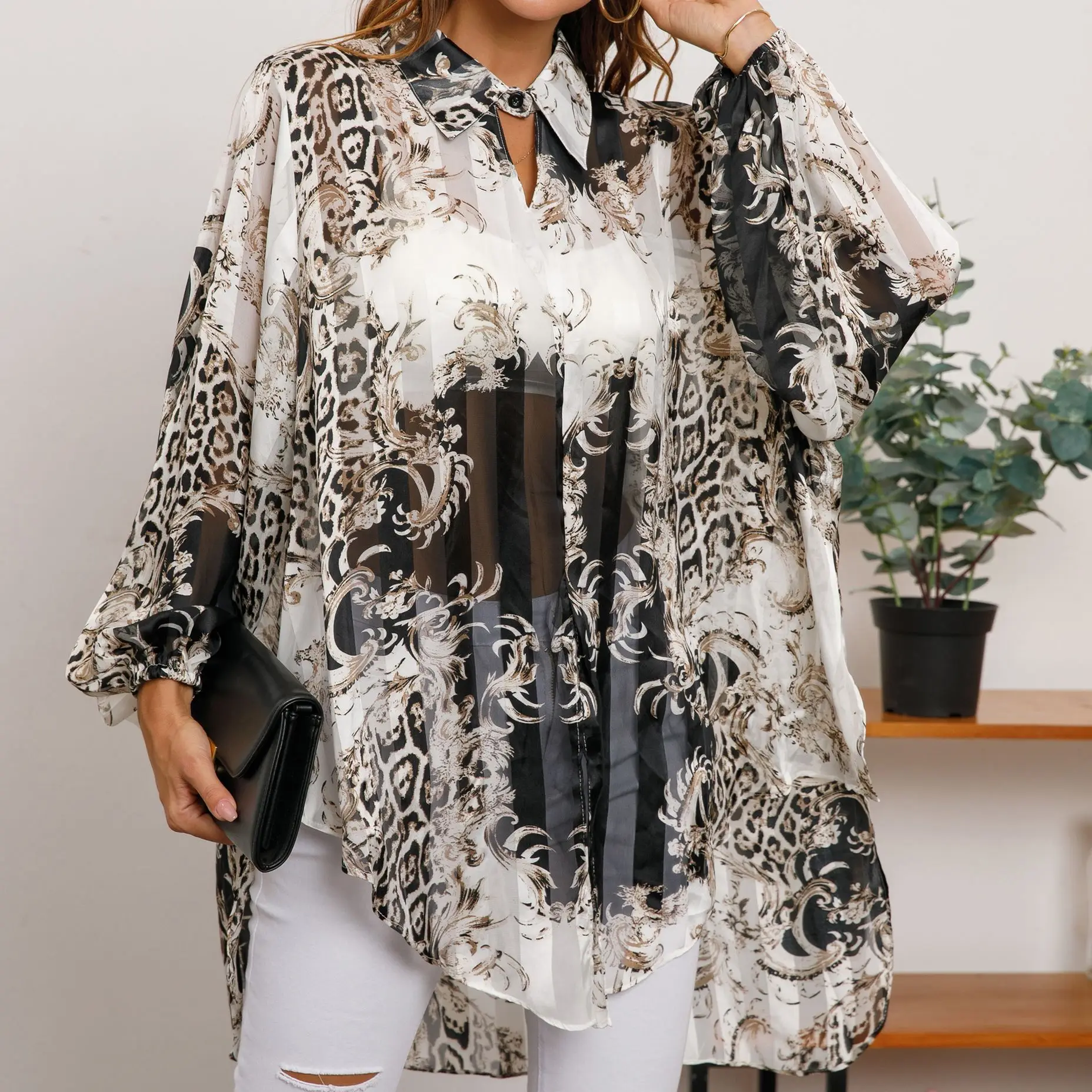 

VANOVICH European Women Blouses Lapel Wild Casual V-neck Autumn New 2022 Printing Temperament Long Sleeve Sunscreen Blouses Tops