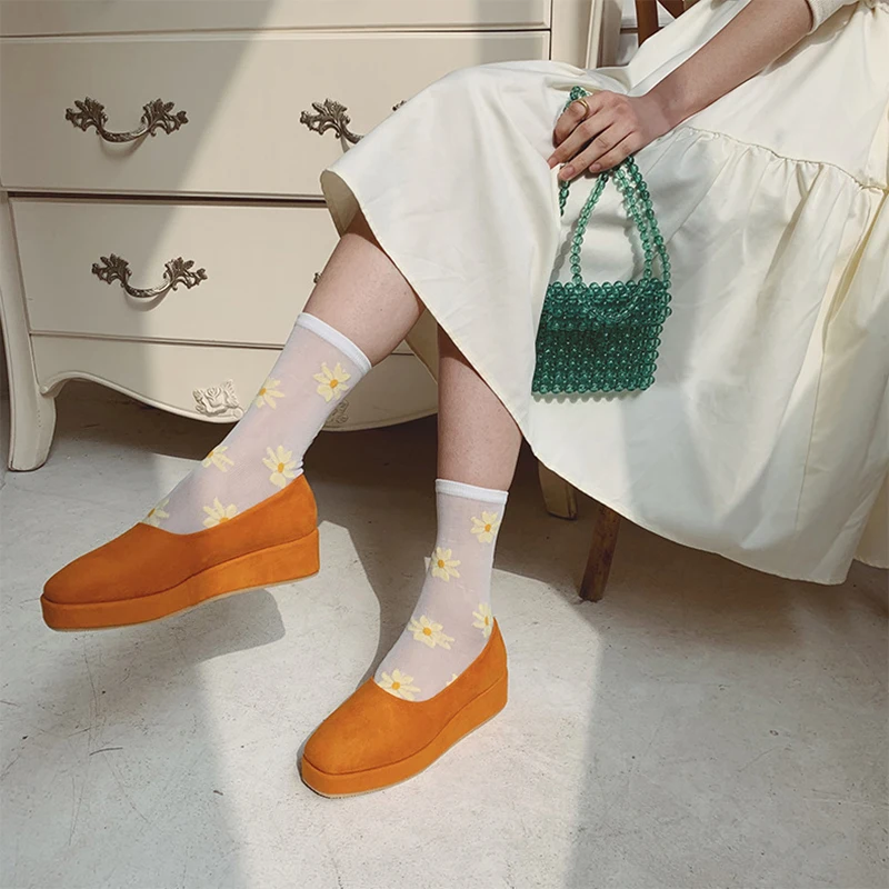 Тонкие носки в японском стиле с цветами женские длинные ромашками Повседневные
