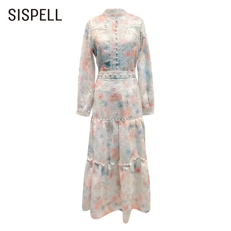 

SISPELL Print Hit Color For Female Dress Stand Collar Long Sleeve High Waist Slimming Women's Dress Fashion Autumn Tide 2021