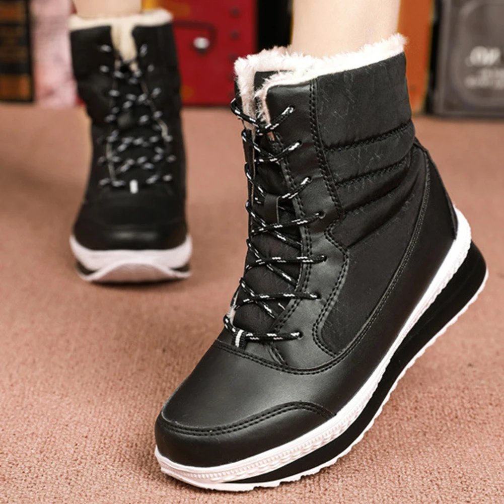 SARAIRIS Winter Waterproof Snow Boots Woman Add Fur Warm Ladies Shoes Woman Fashion Thick Heels Lace Up Boots Female Size 35-42 - Цвет: Черный