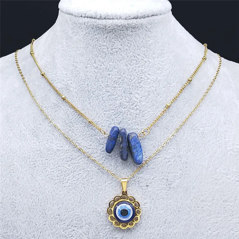 

Stainless Steel Flower Turkey Eye Layered Necklace Gold Color Blue Natural Stone Chain Necklaces Jewelry oeil turc N8024S04