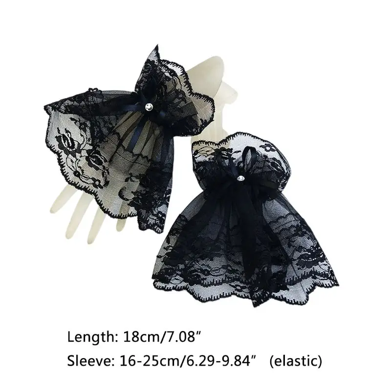 

2020 Women Black Lace Wrist Cuffs Bracelets Wedding Rhinestone Bow Fingerless Gloves