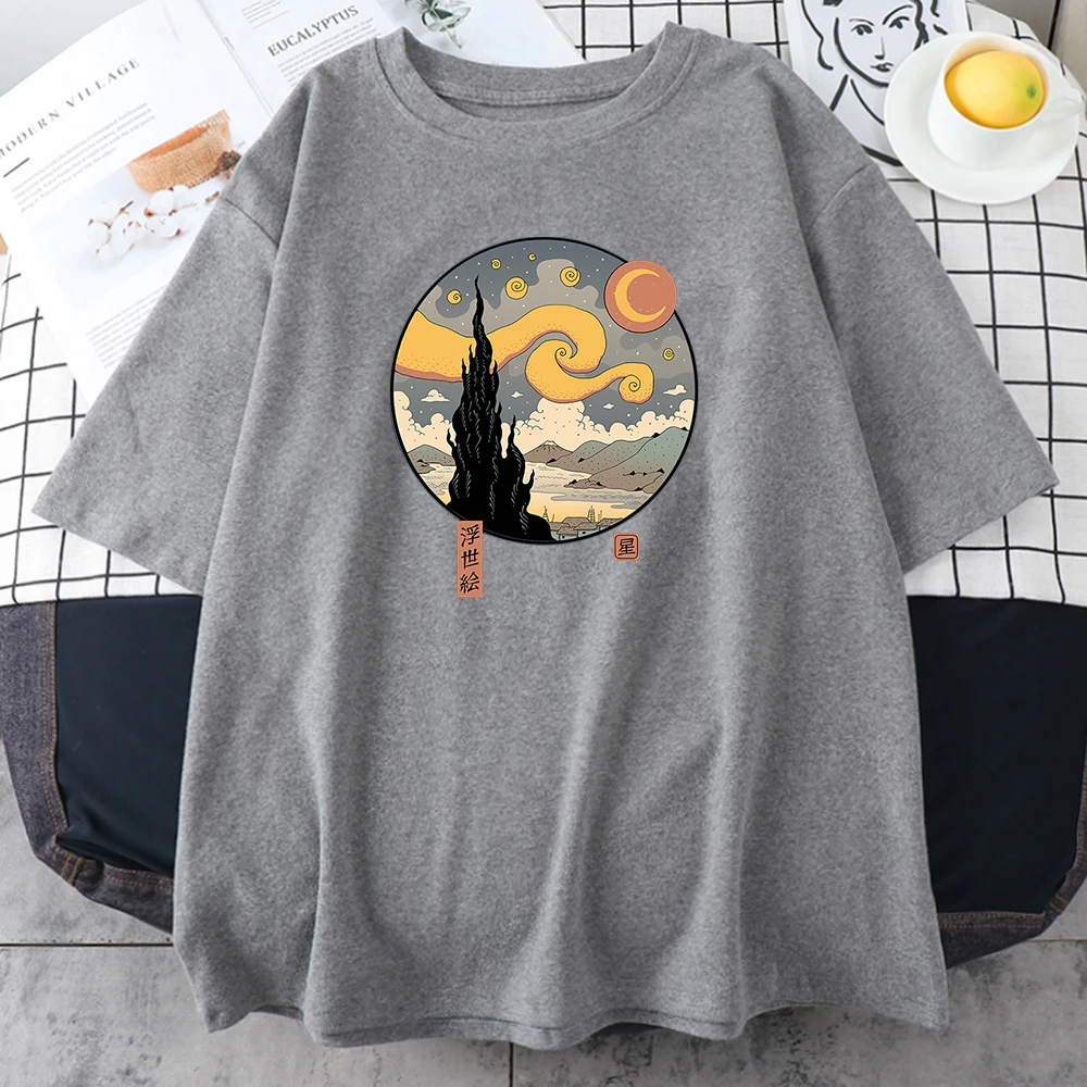 Женская футболка Starry Ukiyo-E Night повседневные футболки в Корейском стиле летняя