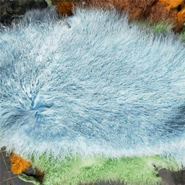 Curly hair mogolian sheep lamb fur skin / light blue color