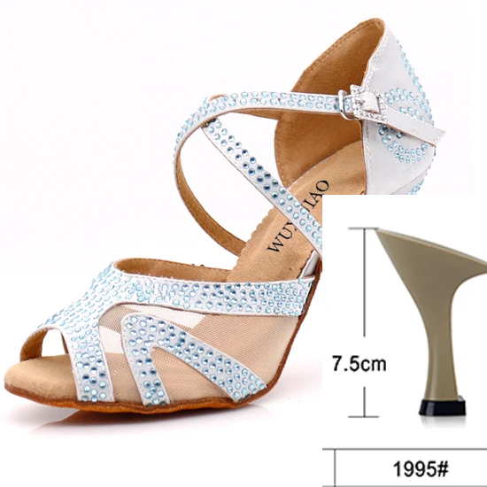 heel 7.5cm WUXIJIAO/Серебристые атласные латинские женские туфли для танцев; вечерние туфли со стразами для бальных танцев; женская обувь 9 см - Цвет: heel 7.5cm