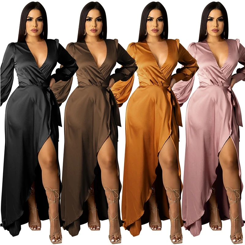 

Satin Long Sleeve Maxi Dress Sexy Deep V Neck Wrap Long Split Dress Women Waist Bandage Irregular Evening Party Bodycon