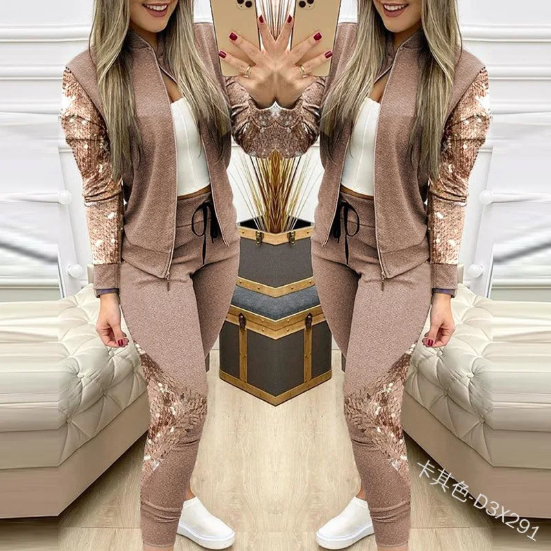 

Mandylandy Women Sequins Tracksuit Lady Zipper Coat Sweatshirt + High Drawstring Waist Pants Two Piece Set Female Outfits