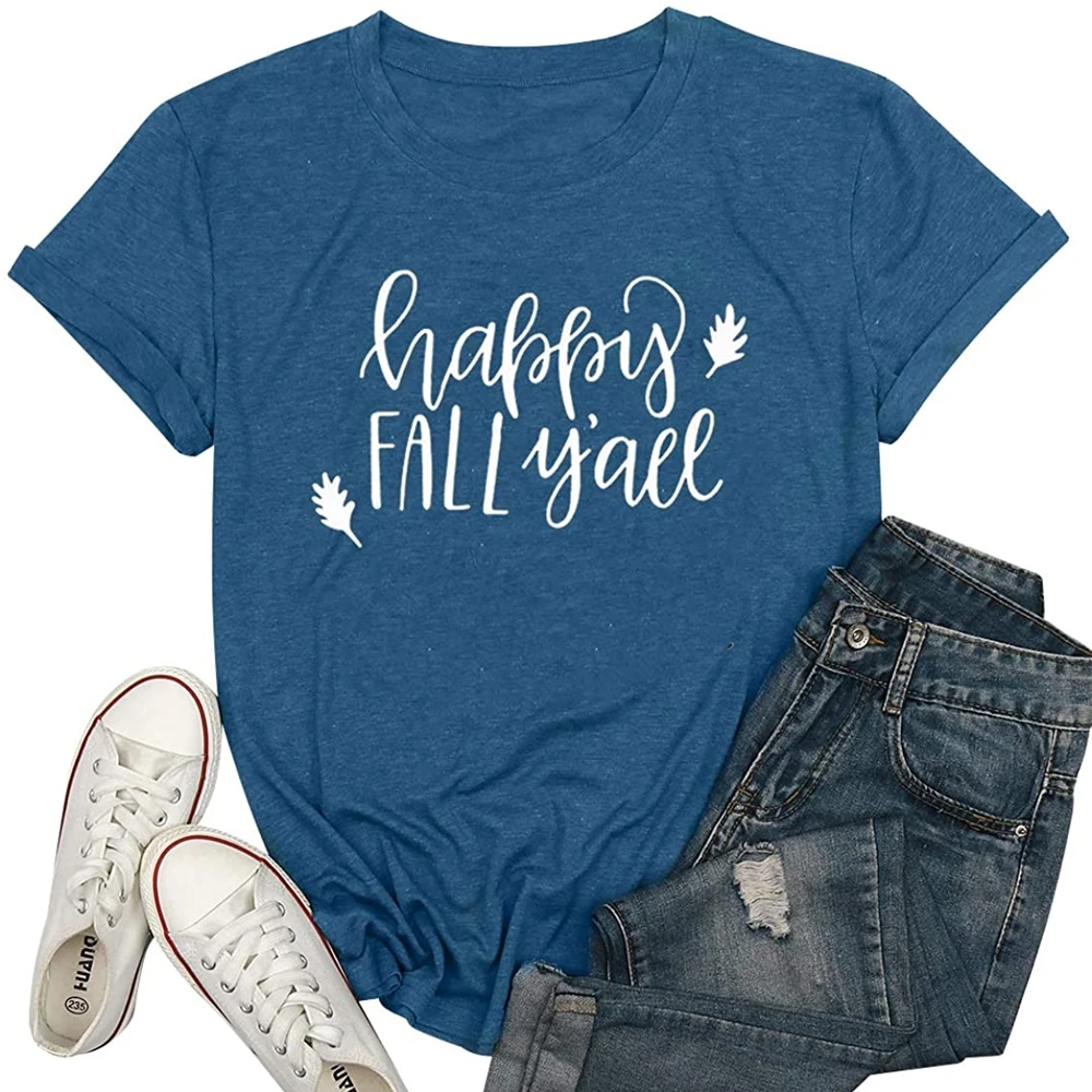 

Happy Fall y'all shirt women's alphabet print fun graphic T-shirt Casual Short Sleeve T-Shirt ZKVA