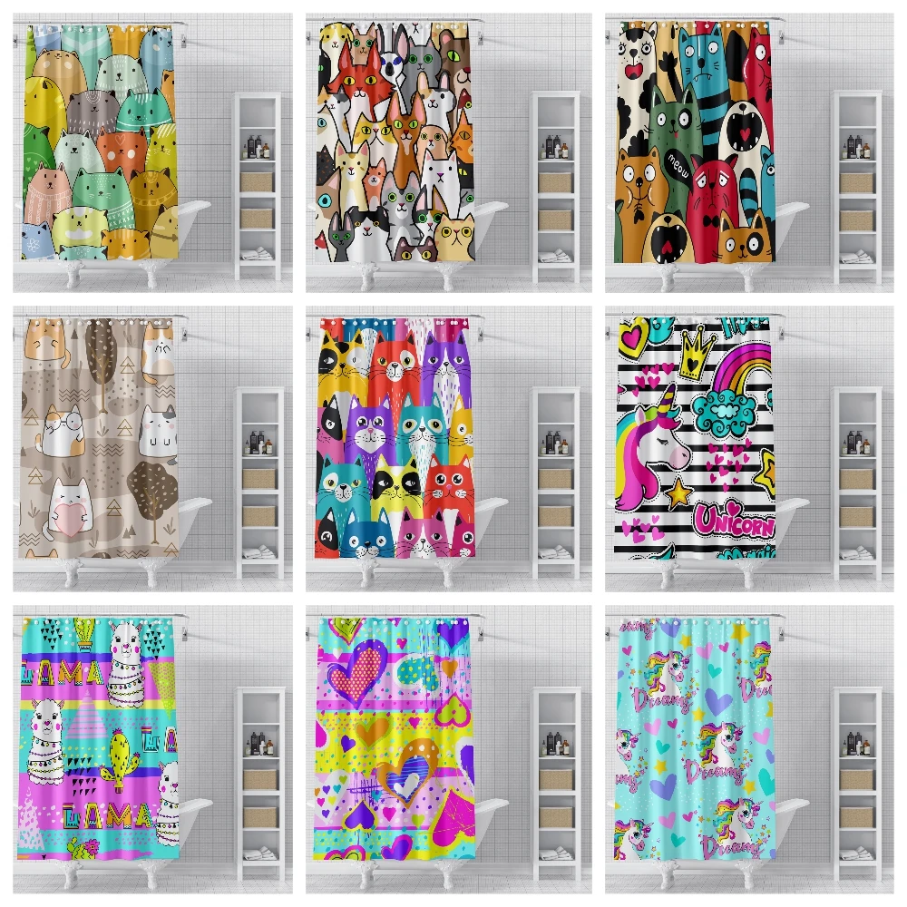

Cute Cat Printed Shower Curtains Cartoon Dinosaur Polyester Fabric curtains for Bath Decor Waterproof Bathroom Curtain