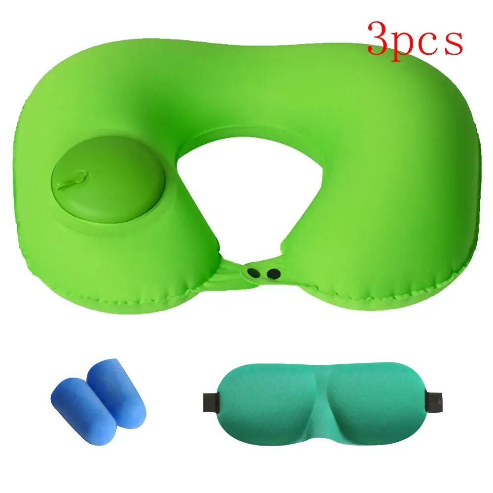 green 3pcs 1/3Pcs Inflatable Cervical Pillow Outdoor Inflatable Pillow Travel Air Pillow Sex U Shape Neck Pillow Earplugs Eyemask - Цвет: green 3pcs